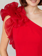 Red Stretch Crepe One Shoulder Sleeveless Ankle Length Dress With Ruffles