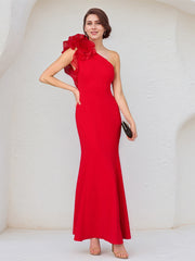 Red Stretch Crepe One Shoulder Sleeveless Ankle Length Dress With Ruffles