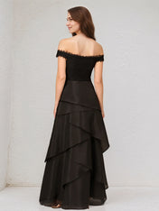 A Line Black Chiffon Off the Shoulder Sleeveless Floor Length Dress With Appliques