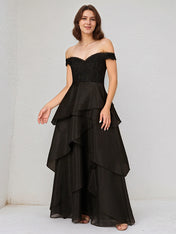 A Line Black Chiffon Off the Shoulder Sleeveless Floor Length Dress With Appliques