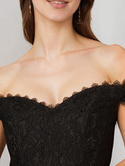 A Line Black Chiffon Off the Shoulder Sleeveless Floor Length Dress With Appliques