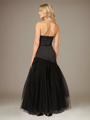 Black A Line Stretch Crepe Off the Shoulder Sleeveless Floor Length Dress With Tulle