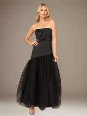 Black A Line Stretch Crepe Off the Shoulder Sleeveless Floor Length Dress With Tulle