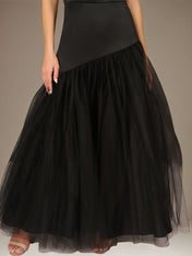 Black A Line Stretch Crepe Off the Shoulder Sleeveless Floor Length Dress With Tulle