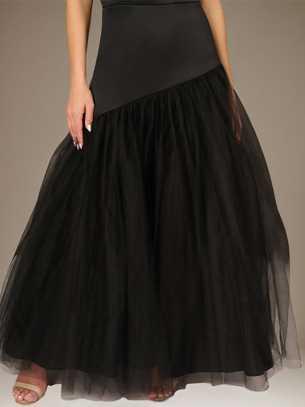 Black A Line Stretch Crepe Off the Shoulder Sleeveless Floor Length Dress With Tulle