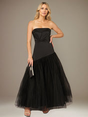 Black A Line Stretch Crepe Off the Shoulder Sleeveless Floor Length Dress With Tulle