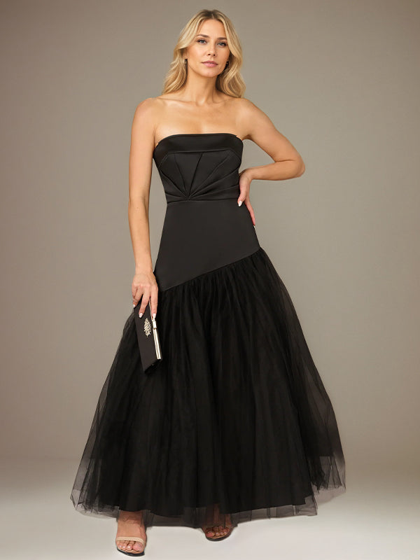 Black A Line Stretch Crepe Off the Shoulder Sleeveless Floor Length Dress With Tulle