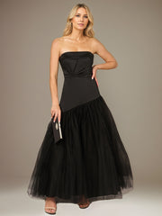 Black A Line Stretch Crepe Off the Shoulder Sleeveless Floor Length Dress With Tulle