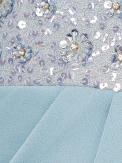 Light Sky Blue Chiffon Off the Shoulder Sleeveless Floor Length Dress With Sequins