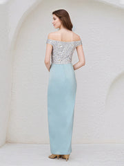 Light Sky Blue Chiffon Off the Shoulder Sleeveless Floor Length Dress With Sequins