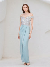 Light Sky Blue Chiffon Off the Shoulder Sleeveless Floor Length Dress With Sequins