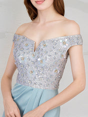 Light Sky Blue Chiffon Off the Shoulder Sleeveless Floor Length Dress With Sequins