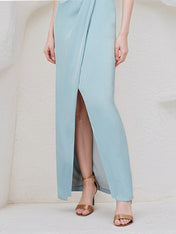 Light Sky Blue Chiffon Off the Shoulder Sleeveless Floor Length Dress With Sequins