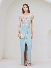 Light Sky Blue Chiffon Off the Shoulder Sleeveless Floor Length Dress With Sequins