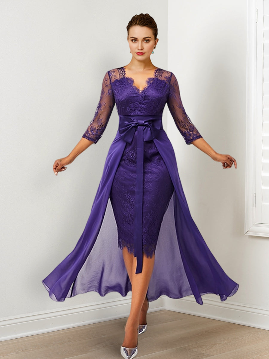 Column Lace V-Neck Mother of the Bride Dresses with Watteau Train