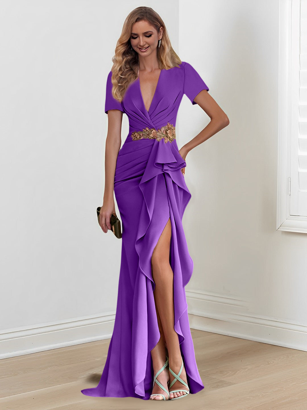 Trumpet Floor-Length V Neck Mother of the Bride Dresses with Ruffles