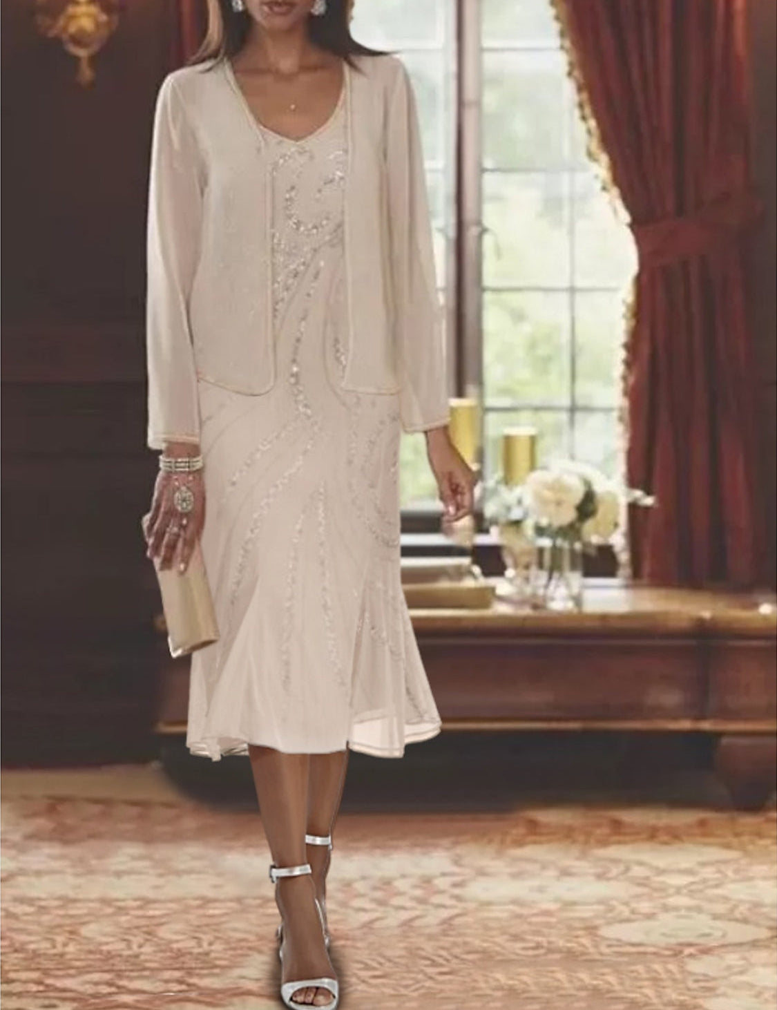 Chiffon V-Neck 2 Pieces Mother of the Bride Dresses with Jacket & Sequins