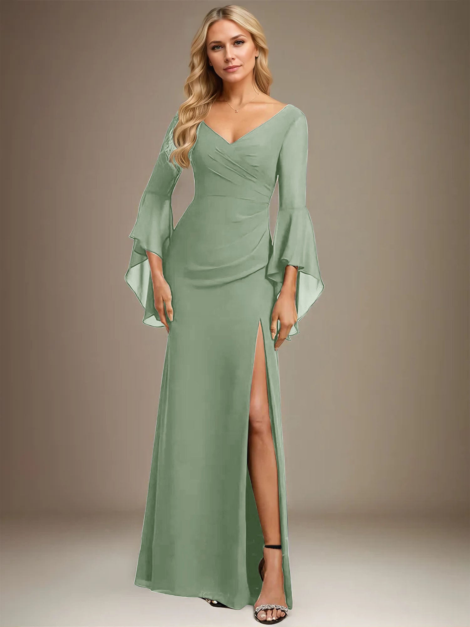 Column V-Neck Floor-Length Chiffon Dress With Pleated
