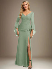 Sheath/Column V-Neck Floor-Length Chiffon Dress With Pleated