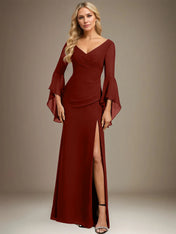 Sheath/Column V-Neck Floor-Length Chiffon Dress With Pleated