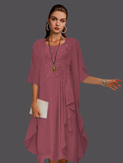 Two Piece A-Line Chiffon Lace Sleeveless Jacket Dresses with Pleats Appliques