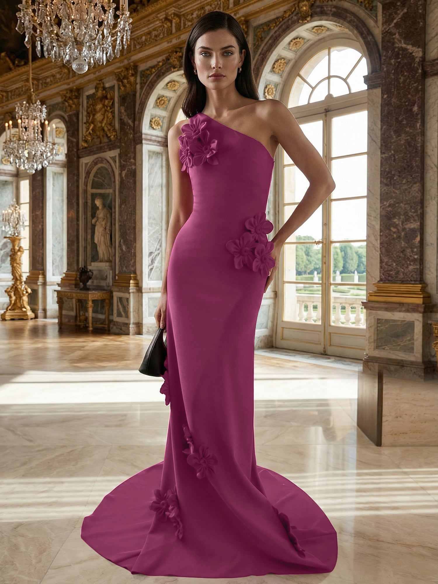 A Line One Shoulder Sleeveless Floor Length Stretch Crepe Dress With 3D Flowers