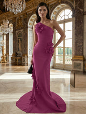 A Line One Shoulder Sleeveless Floor Length Stretch Crepe Dress With 3D Flowers
