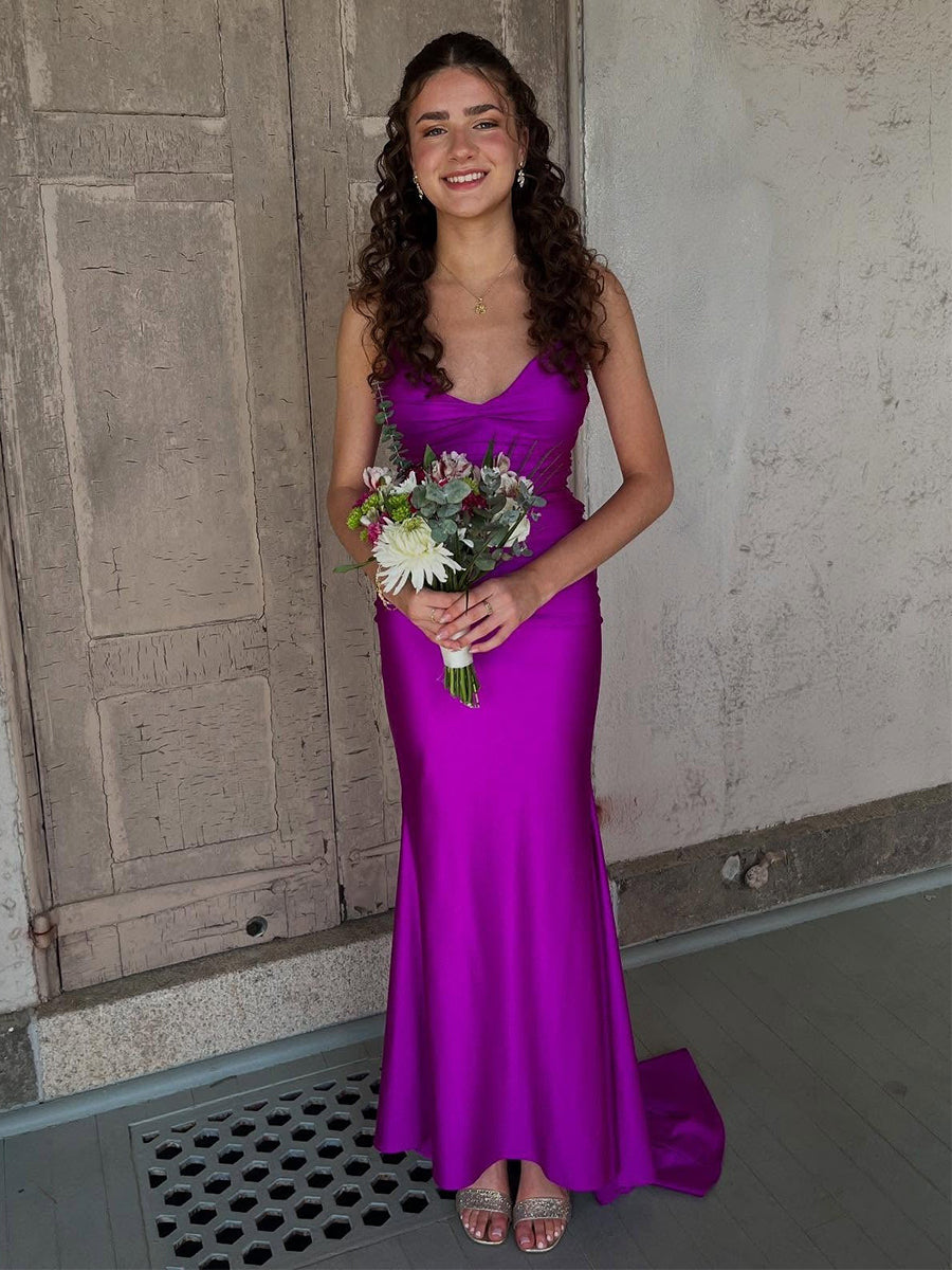 Magenta Satin Spaghetti Strap Ruched V-Neck Mermaid Prom Dress