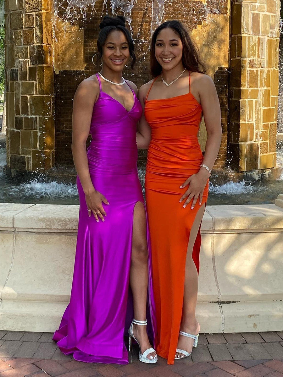 Magenta Satin Spaghetti Strap Ruched V-Neck Mermaid Prom Dress