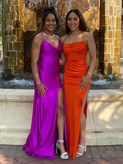 Magenta Satin Spaghetti Strap Ruched V-Neck Mermaid Prom Dress
