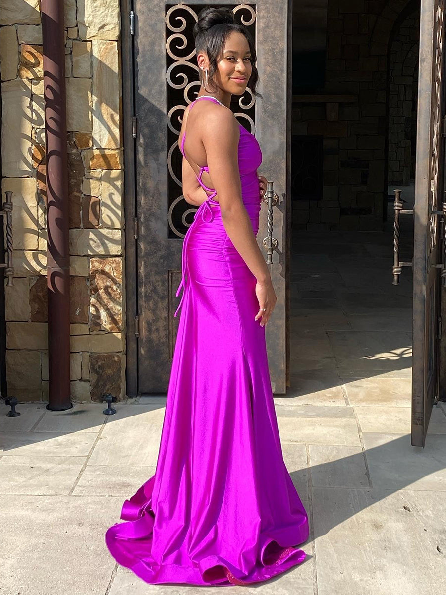 Magenta Satin Spaghetti Strap Ruched V-Neck Mermaid Prom Dress