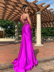 Magenta Satin Spaghetti Strap Ruched V-Neck Mermaid Prom Dress