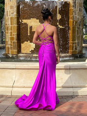 Magenta Satin Spaghetti Strap Ruched V-Neck Mermaid Prom Dress