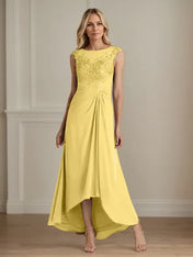 Champagne A-Line Scoop Lace Chiffon Dress