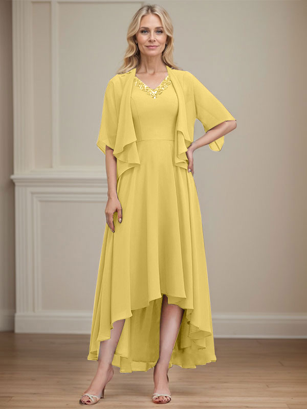 A-line V-Neck Asymmetrical Chiffon Mother of the Bride Dress With Beading Sequins