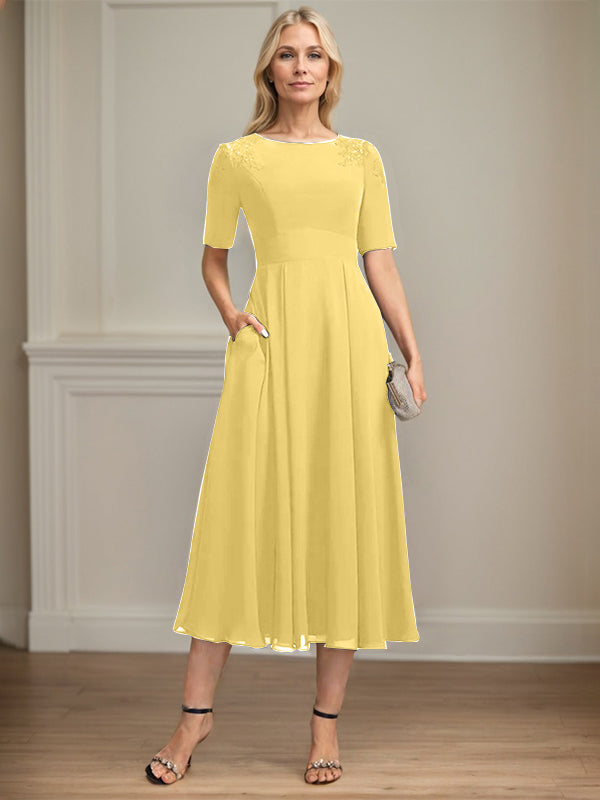 A-line Scoop Tea-Length Chiffon Mother of the Bride Dress With Appliques Lace Sequins
