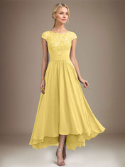 A-line Scoop Illusion Asymmetrical Lace Chiffon Mother of the Bride Dress With Pleated