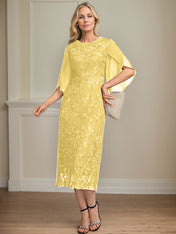 Sheath/Column Scoop Tea-Length Lace Chiffon Mother of the Bride Dress
