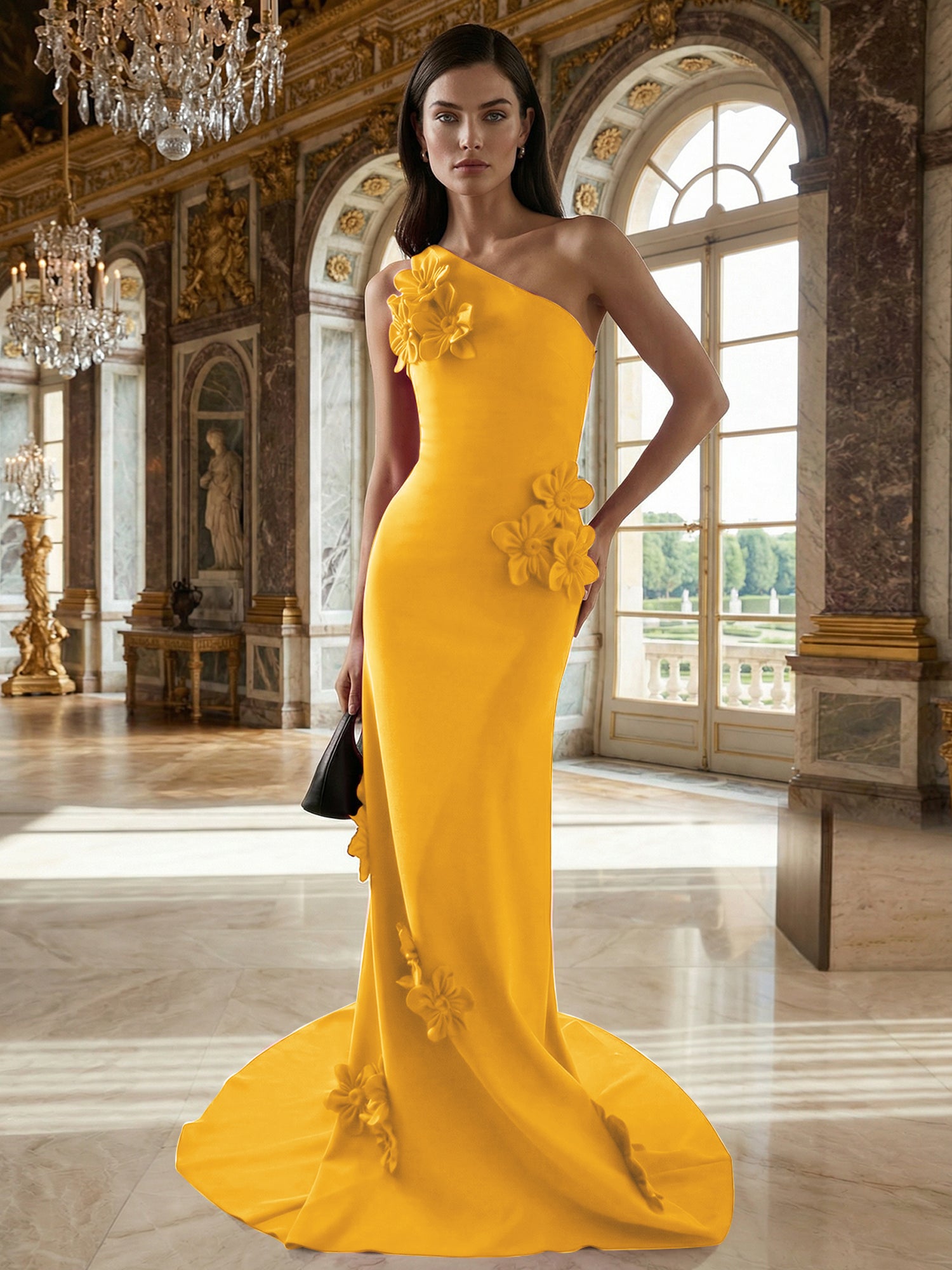 A Line One Shoulder Sleeveless Floor Length Stretch Crepe Dress With 3D Flowers