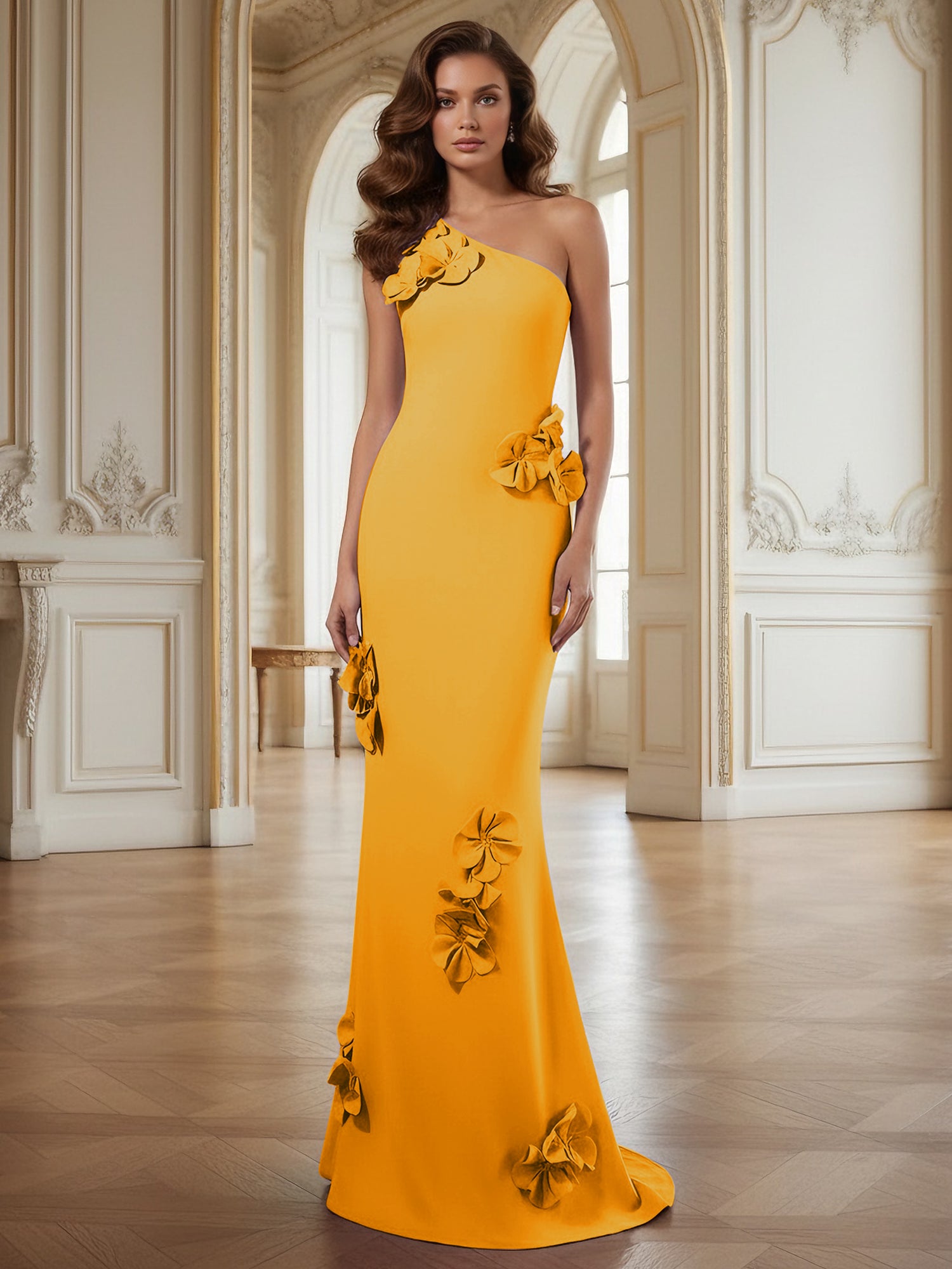 Cream One-Shoulder Prom Dress with Sculptural 3D Floral Appliqués