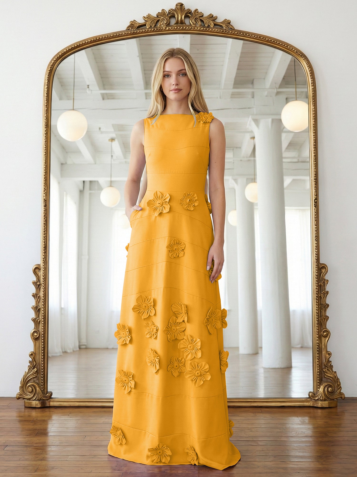 Lavender Boat Neck Formal Gown with Cascading 3D Flowers