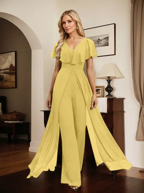 Pantsuit V-Neck Floor-Length Chiffon Evening Dress