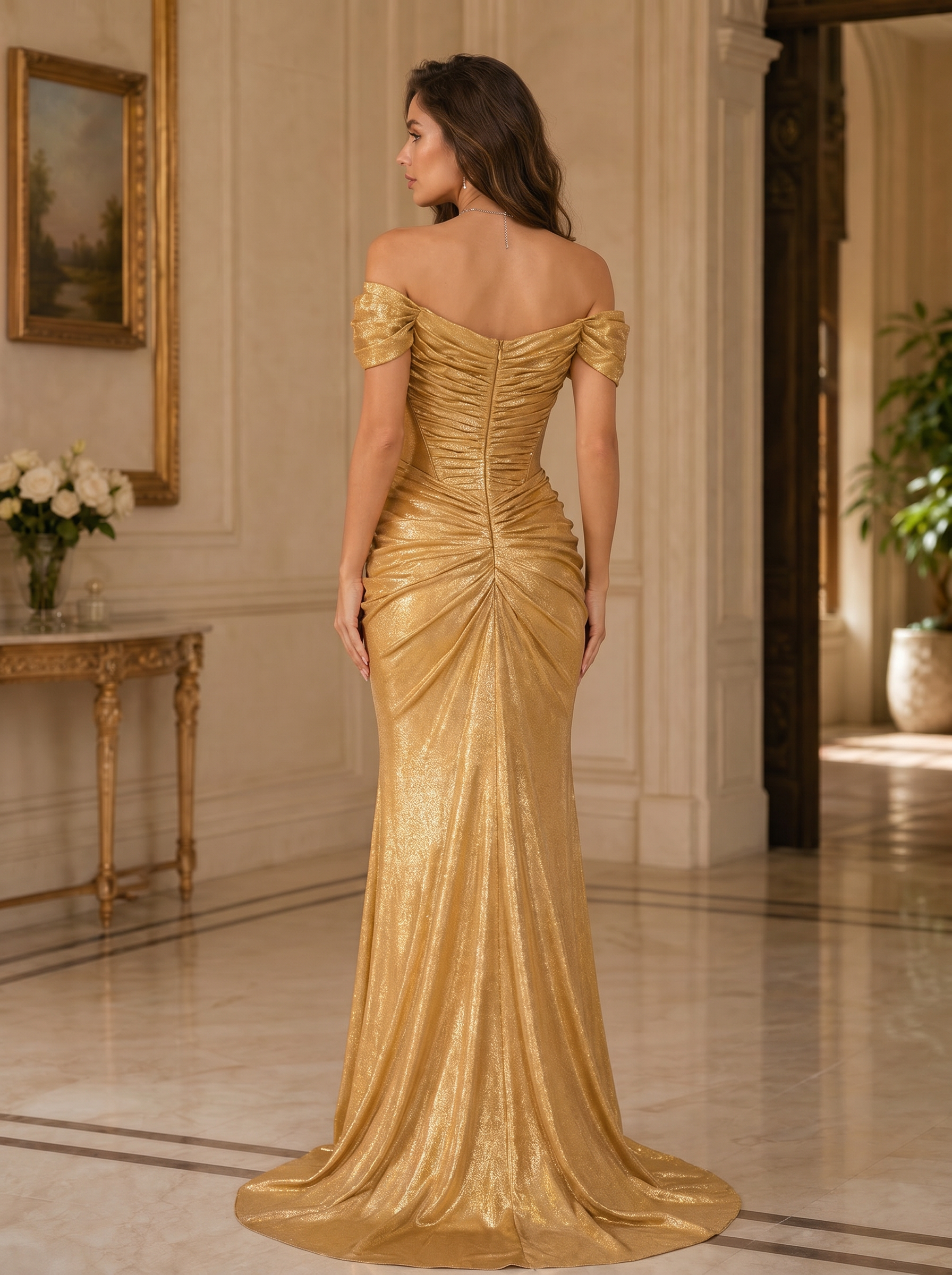 Off-the-Shoulder Ruched Metallic Floor-Length Evening Dresses with Corset Waist