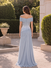 Dusty Blue Satin Chiffon Off-The-Shoulder Ruched Draped Floor-Length Gown Dress