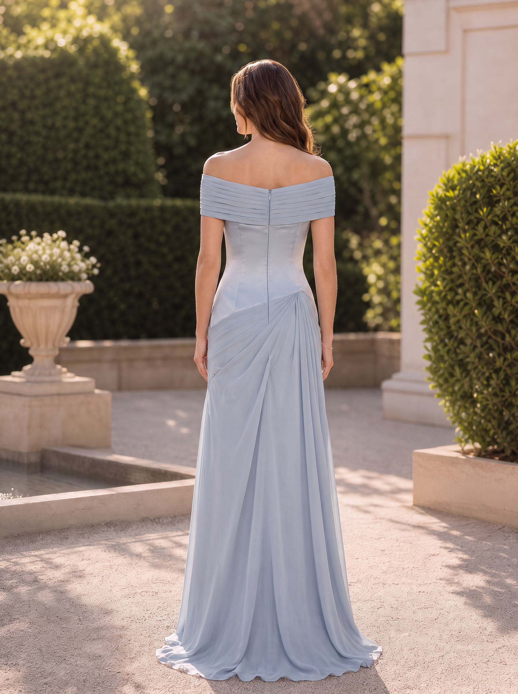 Dusty Blue Satin Chiffon Off-The-Shoulder Ruched Draped Floor-Length Gown Dress