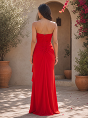 Scarlet Red Strapless Sweetheart Ruched Side-Slit Floor-Length Gown Dress