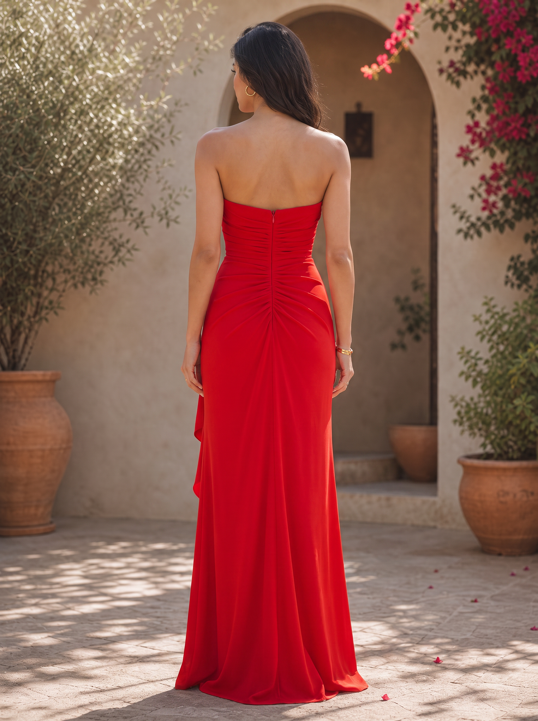 Scarlet Red Strapless Sweetheart Ruched Side-Slit Floor-Length Gown Dress