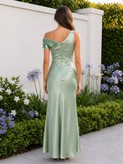 Sage One-Shoulder Sequin Petal Trim Sheath Floor-Length Gown Dress