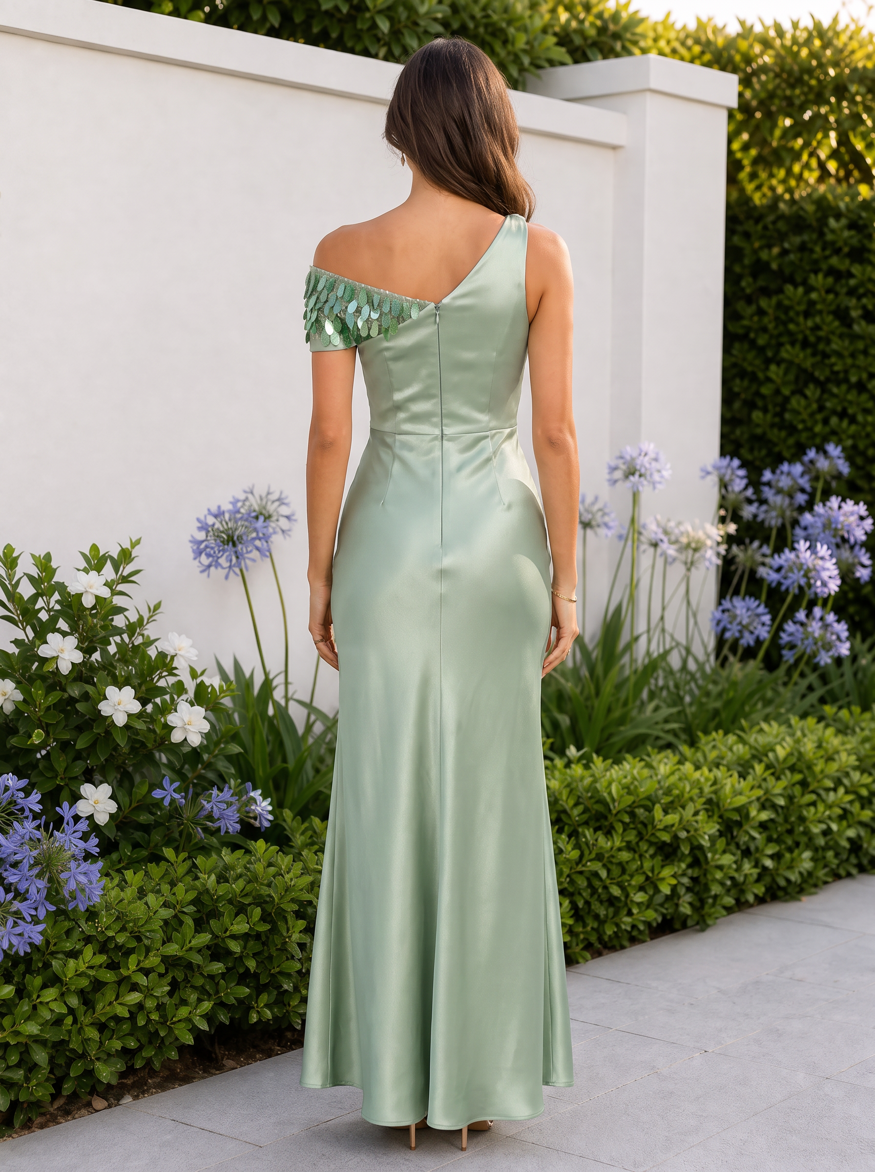 Sage One-Shoulder Sequin Petal Trim Sheath Floor-Length Gown Dress