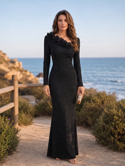 Black Glitter Knit Asymmetrical One-Shoulder Floral Applique Mermaid Floor-Length Gown Dress